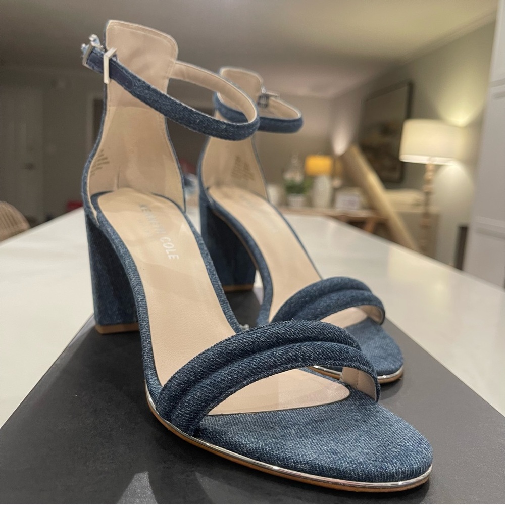 Kenneth Cole Denim Block Heel Sandals w Silver Detail - Picture 3 of 15